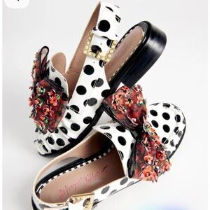Betsey Johnson Black and White Polka Dot Flats with Floral Accents